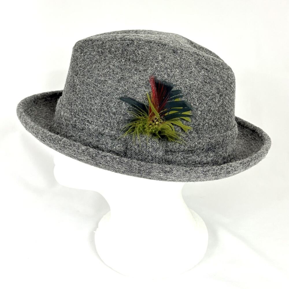 Vintage Stevens Fedora Hat Size 7 1/4 Gray Wool Blend Feather